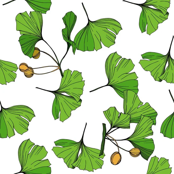 Hoja de ginkgo verde del vector. Arte de tinta grabada. Patrón de fondo sin costuras. Textura de impresión de papel pintado de tela . — Vector de stock