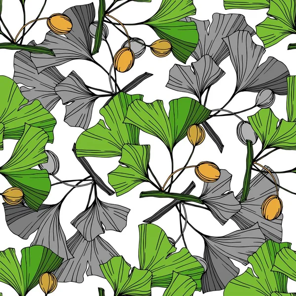 Hoja de ginkgo verde del vector. Arte de tinta grabada. Patrón de fondo sin costuras. Textura de impresión de papel pintado de tela . — Vector de stock