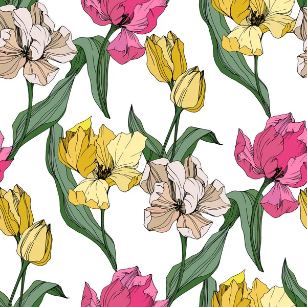 Tulipano vettoriale inciso inchiostro art. Fiore botanico floreale. Modello di sfondo senza soluzione di continuità. Tessuto carta da parati stampa texture . — Vettoriale Stock