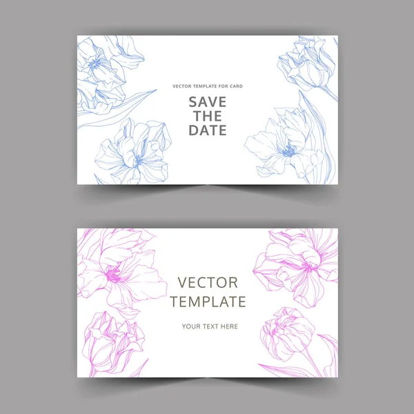 Vector Tulipán grabado arte tinta. Boda tarjeta de fondo borde floral. Gracias, rsvp, ilustración de la tarjeta de invitación  . — Vector de stock
