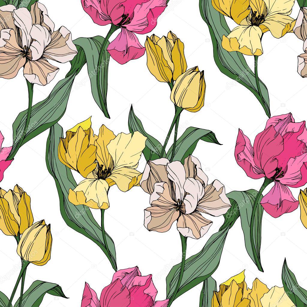 Vector Tulip engraved ink art. Floral botanical flower. Seamless background pattern. Fabric wallpaper print texture.