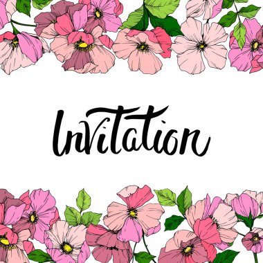 Vektör pembe rosa canina çiçek. Oyulmuş mürekkep sanat. Çerçeve kenarlığı süsleme Meydanı. Davet yazısı hat.