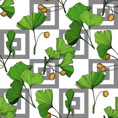 Vektör yeşil ginkgo yaprağı. Oyulmuş mürekkep sanat. Sorunsuz arka plan deseni. Kumaş duvar kağıdı yazdırma doku.