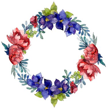 Kırmızı, turuncu ve mavi buket botanik çiçek. Suluboya arka plan illüstrasyon küme. Çerçeve kenarlığı süsleme Meydanı.