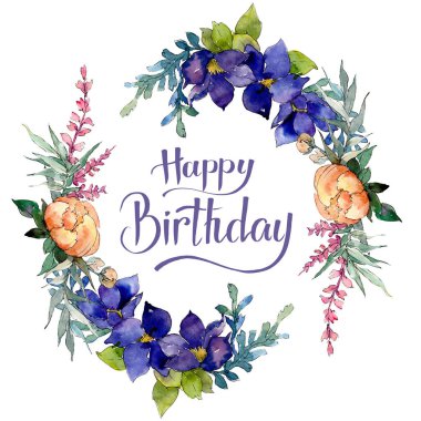 Kırmızı, turuncu ve mavi buket botanik çiçek. Suluboya arka plan illüstrasyon küme. Çerçeve kenarlığı süsleme Meydanı.