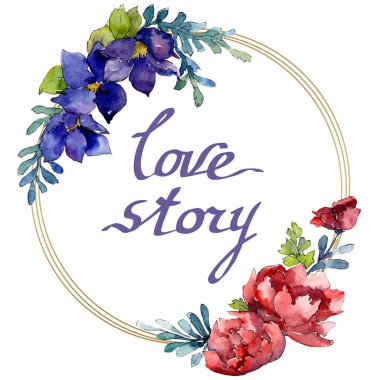 Kırmızı ve mavi buket botanik çiçek. Suluboya arka plan illüstrasyon küme. Çerçeve kenarlığı süsleme Meydanı.