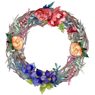 Kırmızı, turuncu ve mavi buket. Botanik çiçek. Vahşi bahar yaprak kır çiçeği. Suluboya arka plan illüstrasyon küme. Suluboya çizim moda aquarelle. Çerçeve kenarlığı süsleme Meydanı.