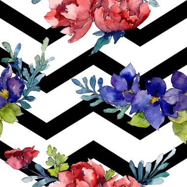 Kırmızı, mavi ve turuncu buket. Botanik çiçek. Suluboya resim kümesi. Sorunsuz arka plan deseni.