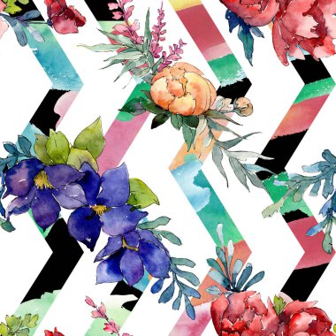 Kırmızı, mavi ve turuncu buket. Botanik çiçek. Suluboya resim kümesi. Sorunsuz arka plan deseni.