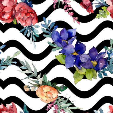 Kırmızı, mavi ve turuncu buket. Botanik çiçek. Suluboya resim kümesi. Sorunsuz arka plan deseni.