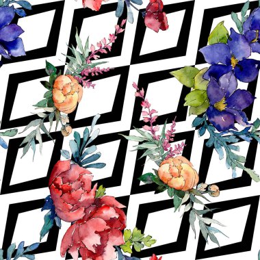 Kırmızı, mavi ve turuncu buket. Botanik çiçek. Suluboya resim kümesi. Sorunsuz arka plan deseni.