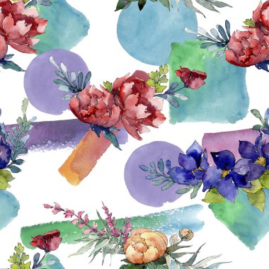 Kırmızı, mavi ve turuncu buket. Botanik çiçek. Suluboya resim kümesi. Sorunsuz arka plan deseni.