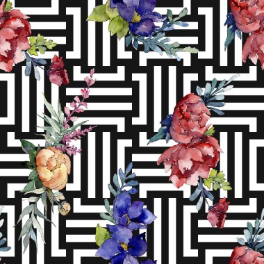 Kırmızı, mavi ve turuncu buket. Botanik çiçek. Suluboya resim kümesi. Sorunsuz arka plan deseni.