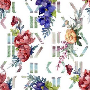 Kırmızı, mavi ve turuncu buket. Botanik çiçek. Suluboya resim kümesi. Sorunsuz arka plan deseni.