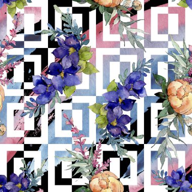 Kırmızı, mavi ve turuncu buket. Botanik çiçek. Suluboya resim kümesi. Sorunsuz arka plan deseni.