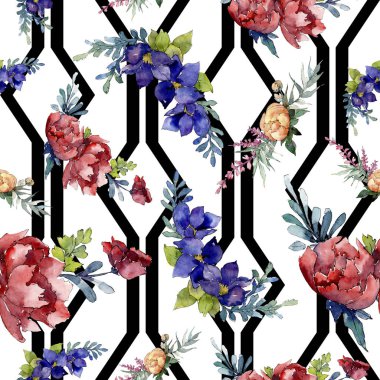 Kırmızı, mavi ve turuncu buket. Botanik çiçek. Suluboya resim kümesi. Sorunsuz arka plan deseni.