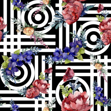 Kırmızı, mavi ve turuncu buket. Botanik çiçek. Suluboya resim kümesi. Sorunsuz arka plan deseni.