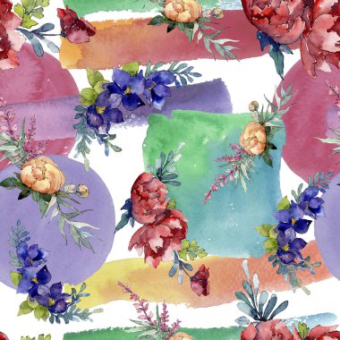 Kırmızı, mavi ve turuncu buket. Botanik çiçek. Suluboya resim kümesi. Sorunsuz arka plan deseni.