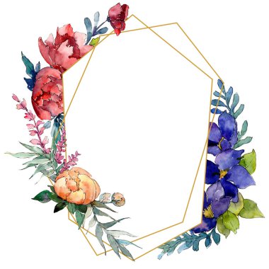 Kırmızı, turuncu ve mavi buket botanik çiçek. Suluboya arka plan illüstrasyon küme. Çerçeve kenarlığı süsleme Meydanı.