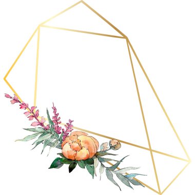 Turuncu ve kırmızı buket. Botanik çiçek. Suluboya arka plan illüstrasyon küme. Çerçeve kenarlığı süsleme Meydanı.