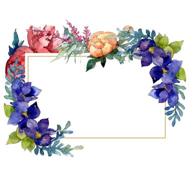 Kırmızı, turuncu ve mavi buket botanik çiçek. Suluboya arka plan illüstrasyon küme. Çerçeve kenarlığı süsleme Meydanı.