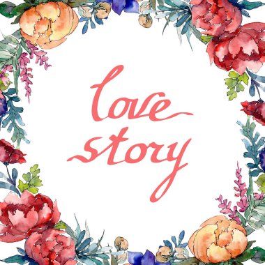 Kırmızı, turuncu ve mavi buket botanik çiçek. Suluboya arka plan illüstrasyon küme. Çerçeve kenarlığı süsleme Meydanı.