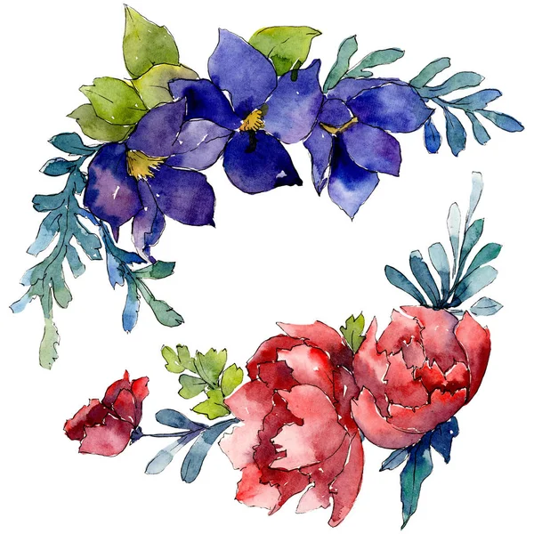 蓝色和红色的花束。水彩背景插图集。被隔绝的花束例证元素. — 图库照片