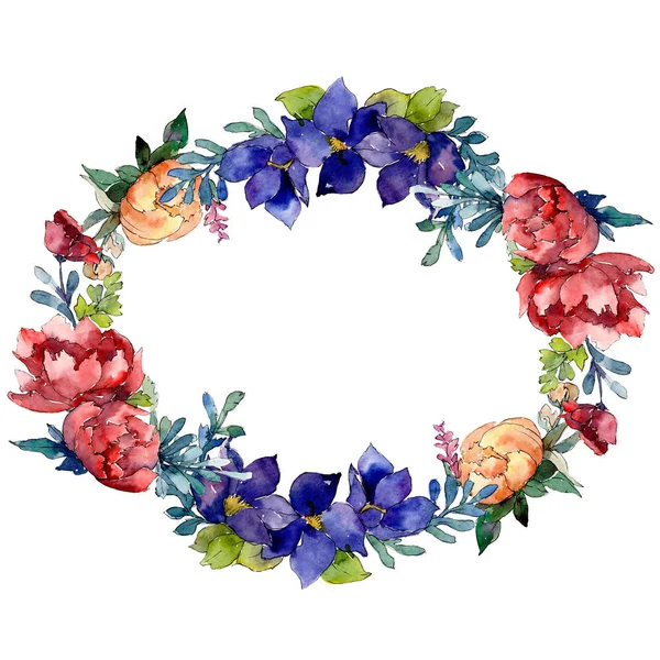 Fiore botanico rosso, arancio e blu. Acquerello sfondo illustrazione set. Quadrato ornamento bordo cornice . — Foto Stock