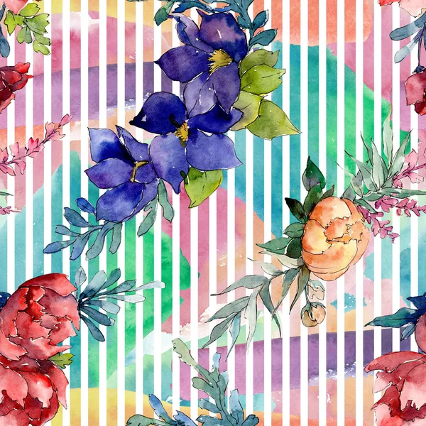 Roter, blauer und orangefarbener Strauß. Blütenbotanische Blume. Aquarell-Illustrationsset vorhanden. nahtloses Hintergrundmuster. — Stockfoto