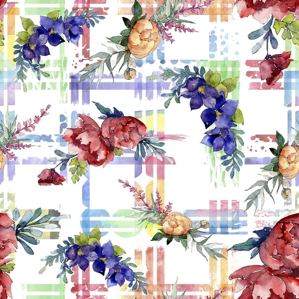 Red, blue and orange bouquet. Floral botanical flower. Watercolor illustration set. Seamless background pattern. — Stock Photo, Image