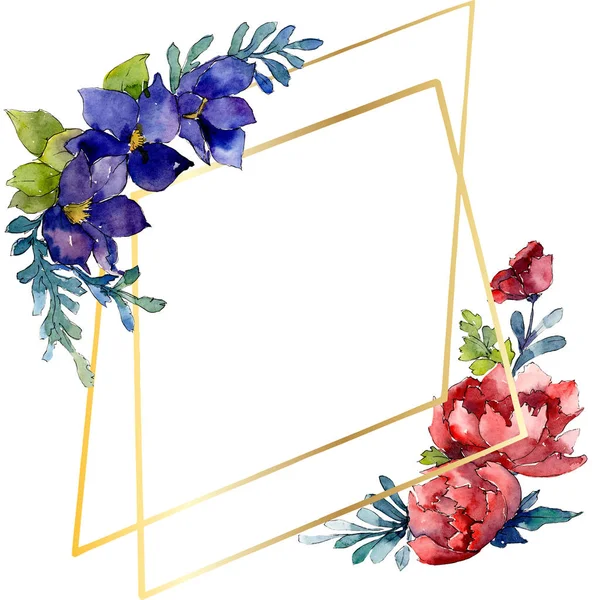Flores botánicas de ramo rojo y azul. Conjunto de ilustración de fondo acuarela. Marco borde ornamento cuadrado . — Foto de Stock