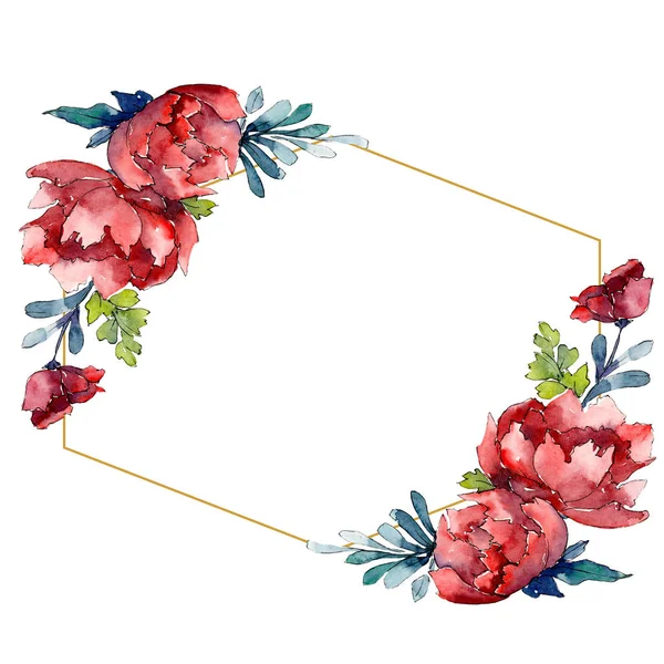 Ramo rojo de flores botánicas. Conjunto de ilustración de fondo acuarela. Marco borde ornamento cuadrado . — Foto de Stock