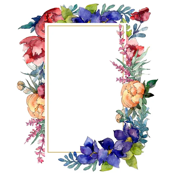 Rood, oranje en blauw boeket botanische bloem. Aquarel achtergrond afbeelding instellen. Frame grens ornament vierkant. — Stockfoto