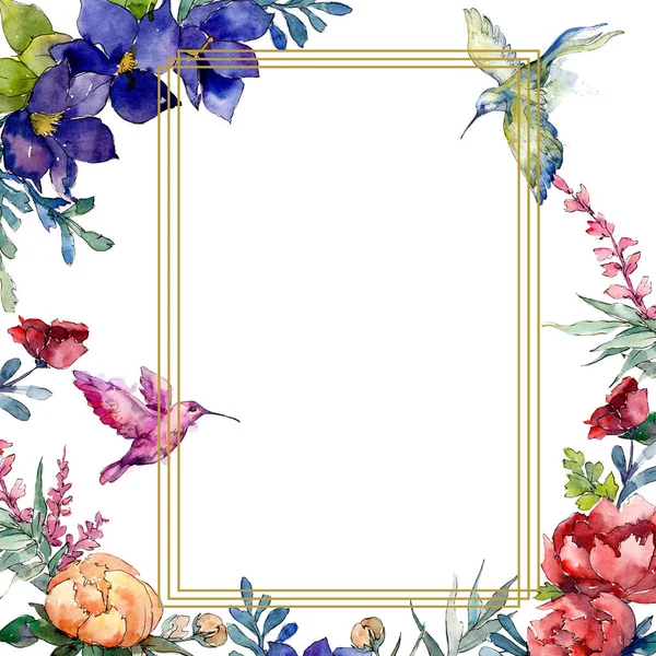 Kırmızı, turuncu ve mavi buket botanik çiçek. Suluboya arka plan illüstrasyon küme. Çerçeve kenarlığı süsleme Meydanı.