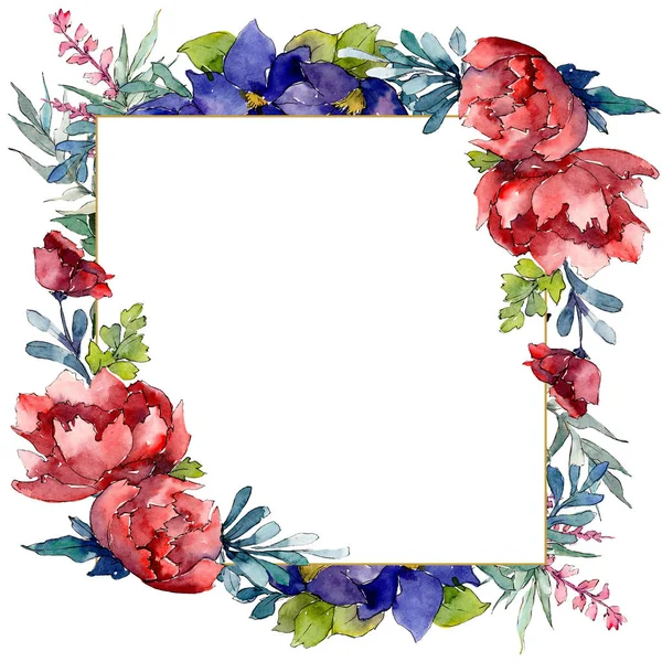 红色、橙色和蓝色花束植物花。水彩背景插图集。框架边框装饰正方形. — 图库照片