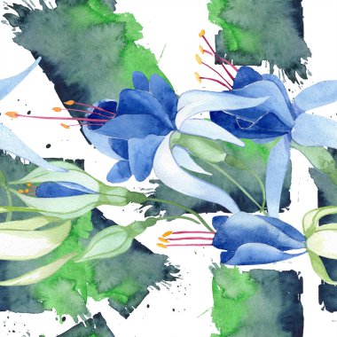 Mavi Fuşya. Botanik çiçek. Suluboya çizim moda aquarelle izole. Sorunsuz arka plan deseni.