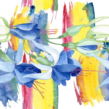 Mavi Fuşya. Botanik çiçek. Suluboya çizim moda aquarelle izole. Sorunsuz arka plan deseni.