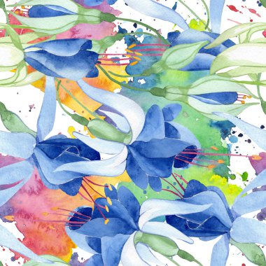 Mavi Fuşya. Botanik çiçek. Suluboya çizim moda aquarelle izole. Sorunsuz arka plan deseni.