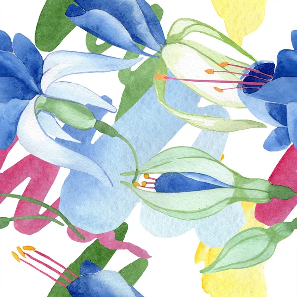Blauwe fuchsia. Floral botanische bloem. Aquarel tekenen mode aquarelle geïsoleerd. Naadloze achtergrondpatroon. — Stockfoto