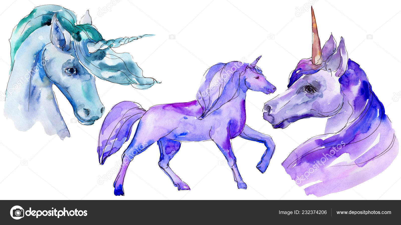 Cute Unicorn Horse Watercolor Background Illustration Set