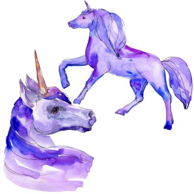 Şirin tek boynuzlu at. Suluboya arka plan illüstrasyon küme. İzole tek boynuzlu at illüstrasyon öğesi.