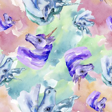 Şirin tek boynuzlu at. Peri masalı çocuk tatlı rüya. Suluboya arka plan illüstrasyon küme. Sorunsuz arka plan deseni.