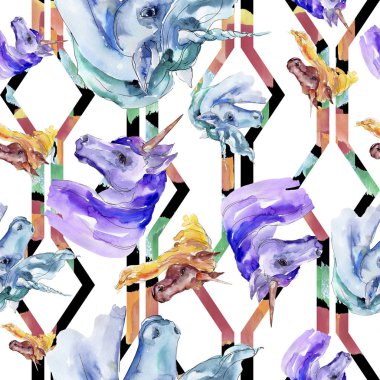 Şirin tek boynuzlu at. Peri masalı çocuk tatlı rüya. Suluboya arka plan illüstrasyon küme. Sorunsuz arka plan deseni.