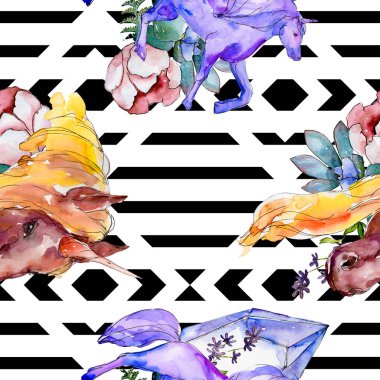 Şirin tek boynuzlu at. Peri masalı çocuk tatlı rüya. Suluboya arka plan illüstrasyon küme. Sorunsuz arka plan deseni.