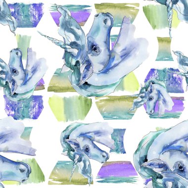 Şirin tek boynuzlu at. Peri masalı çocuk tatlı rüya. Suluboya arka plan illüstrasyon küme. Sorunsuz arka plan deseni.