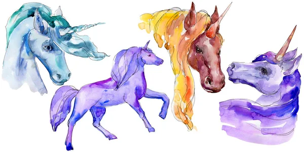 Schattig unicorn paard. Aquarel achtergrond afbeelding instellen. Geïsoleerde unicorn afbeelding element. — Stockfoto