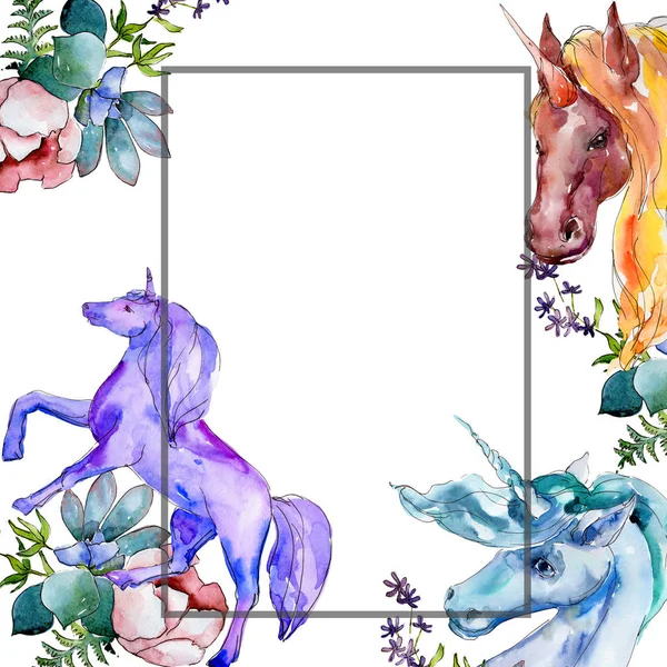 Lindo caballo unicornio. Los niños de cuento sueñan. Conjunto de ilustración de fondo acuarela. Marco borde ornamento cuadrado . —  Fotos de Stock