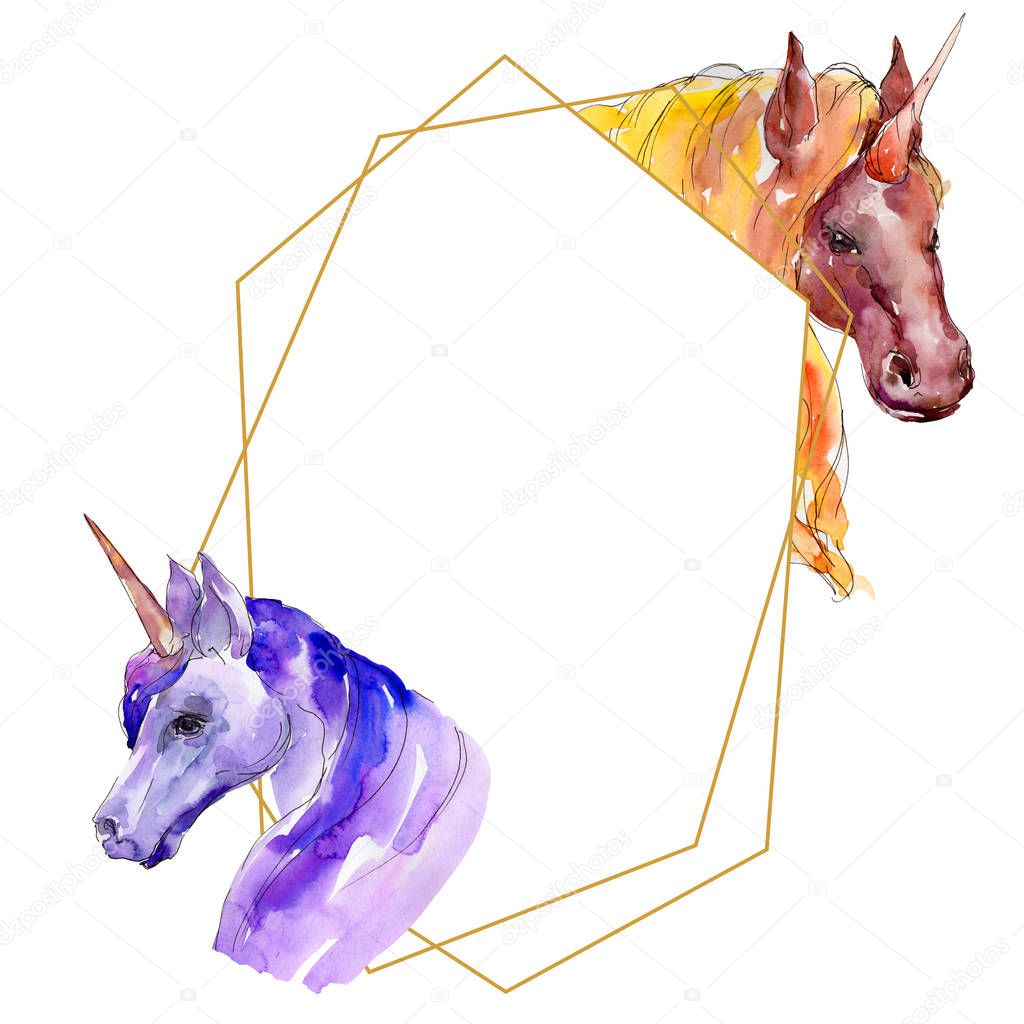 Cute unicorn horse. Fairytale children dream. Watercolor background illustration set. Frame border ornament square.