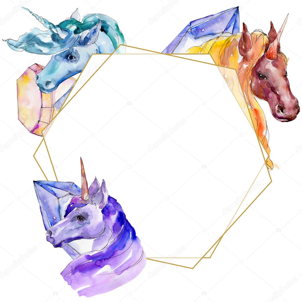 Cute unicorn horse. Fairytale children dream. Watercolor background illustration set. Frame border ornament square.