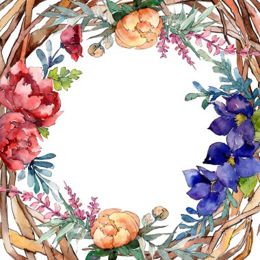 Kırmızı, turuncu ve mavi buket botanik çiçek. Suluboya arka plan illüstrasyon küme. Çerçeve kenarlığı süsleme Meydanı.